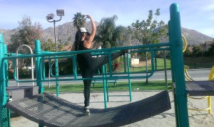 Quick ballet stretch pose at the park at the end of a morning run and jump session on a non-rainy day.